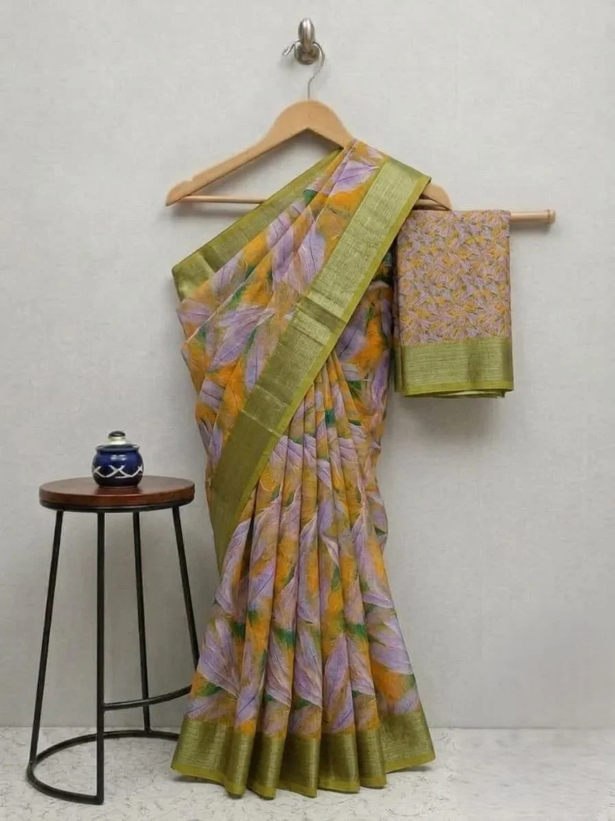 Olive Green Handloom Linen Cotton Saree
